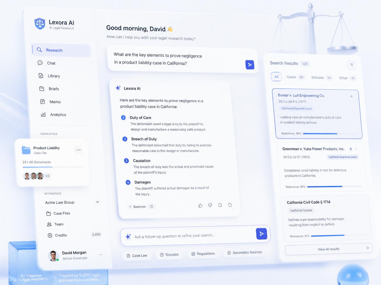 Legaline legal research dashboard with AI assistant and cited search results